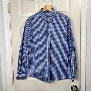 IZOD Men’s Large Blue Gingham Check Slim Fit Button-Down Shirt Classic Preppy